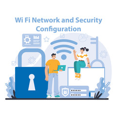 Wi-Fi network. Specialist setting up, developing and maintaining wireless fidelity equipment. Secure connection configuration. Flat vector illustration