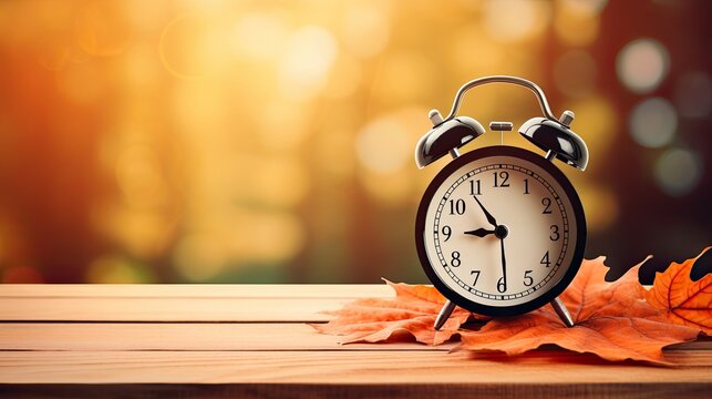Alarm clock and leaves on wooden table. concept of  saving time