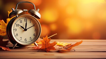 Alarm clock and leaves on wooden table. concept of  saving time