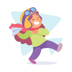 Joyful Boy Dream of Flying Play Paper Plane Toy Vector Illustration