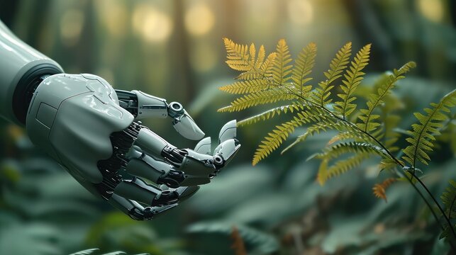 Robot hand and a fern leaf, Fern forest background. Generative AI.