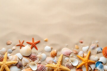 Seashells and Starfish Collection on Sandy Beach Background