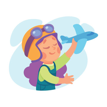 Joyful Boy Dream of Flying Play Plane Toy Vector Illustration