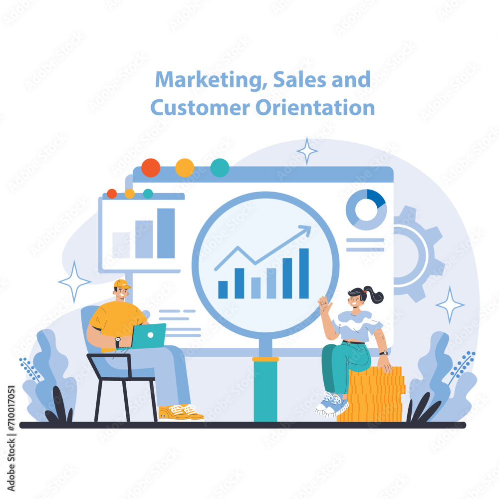 Aufkleber marketing, sales and customer orientation set. dynamic analysis for sales growth. engaging in custom