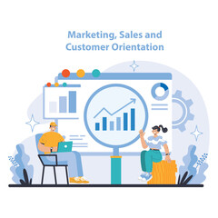 Marketing, sales and customer orientation set. Dynamic analysis for sales growth. Engaging in customer-oriented strategies. Depicting teamwork in market analytics. Effective workplace collaboration.