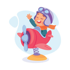 Joyful Boy Dream of Flying Ride Plane Carousel Vector Illustration