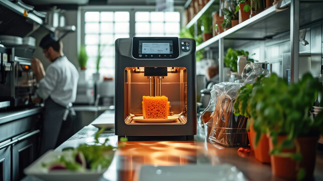 A 3D food printer printing a dish in a professional kitchen of a restaurant in the middle of a service. Generative AI.