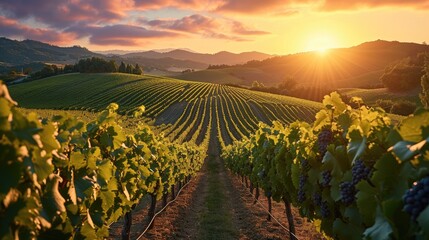 A panoramic view of a lush vineyard at sunset. Generative AI.