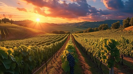 A panoramic view of a lush vineyard at sunset. Generative AI.