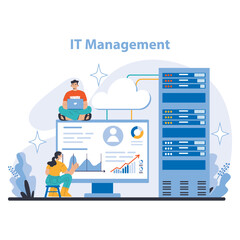 Operational processes and technologies concept. Efficient network systems and cloud computing in modern business. Data analysis and infrastructure security. Flat vector illustration. - obrazy, fototapety, plakaty