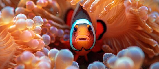 Tomato clownfish confronts intruder while hiding for protection.