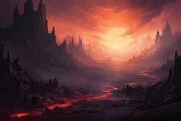 Surreal Fantasy Landscape with Lava and Sunset Sky