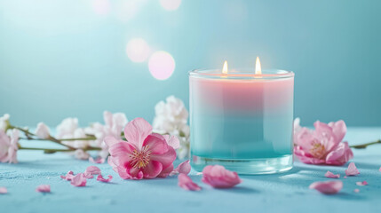 Romantic scene with burning candles and flowers, Romantic atmosphere, love concept, valentine's day banner 