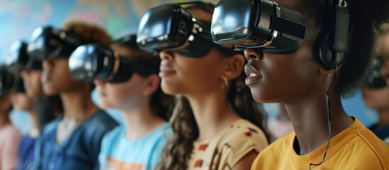 A diverse group of students with VR headsets and an African American teacher present.
