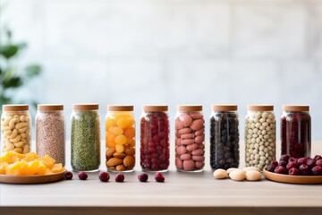Vibrant food supplements on table with blurred background, perfect for text placement - obrazy, fototapety, plakaty