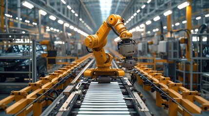Industrial robots arm are welding automotive part in car factory, Electric car industrial production conveyor. Generative AI.