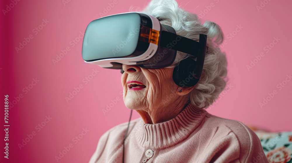 Aufkleber grandma using vr headset against pastel color background. generative ai.