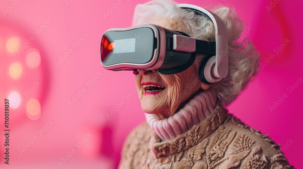 Aufkleber grandma using vr headset against pastel color background. generative ai.