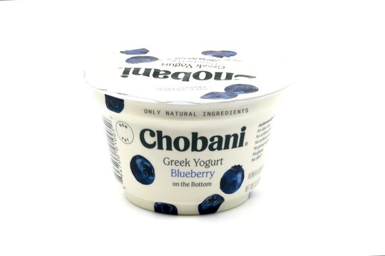 Chobani brand non-fat Greek Yogurt isolated on a white background. 