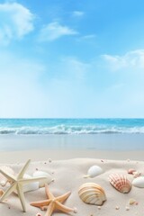Fototapeta na wymiar Seashells on the sand on the background of the sea