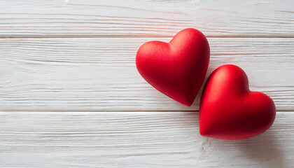 Fototapeta premium Valentines day background with two red hearts on white wooden table