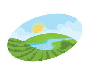 Green Farm Field and Pasture Scene Vector Illustration
