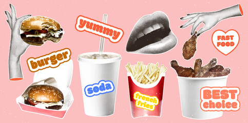 Set of fast food stickers with a halftone effect in a modern retro collage style. Burger in hand, french fries, soda, fried chicken legs in a bucket and other fast food elements in retro collage style