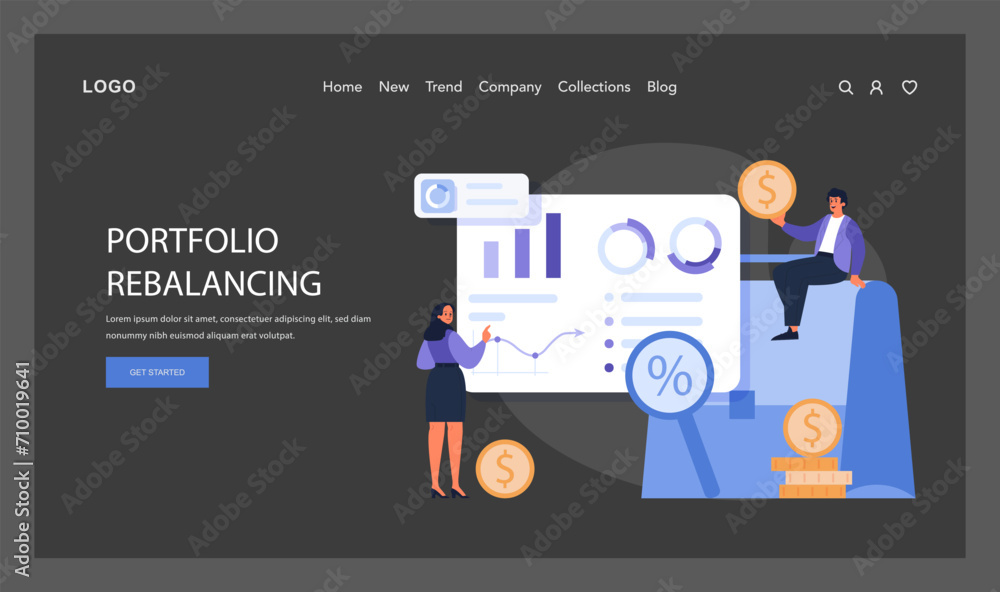 Aufkleber portfolio strategy dark or night mode web, landing. analyzing and adjusting asset distributions to o