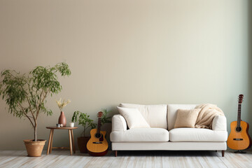 Discover the beauty of a minimalist music room where a single guitar commands attention. 
