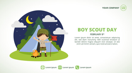 Boy Scout Day background with a scout doing camping in the jungle - obrazy, fototapety, plakaty
