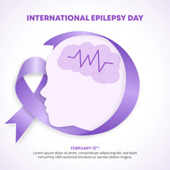 Square International Epilepsy Day background with a purple ribbon and cutting paper face