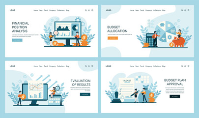 Budget Management set. Visual guide for analyzing, allocating, and evaluating financial strategies. Streamlined fiscal oversight process. Flat vector illustration - obrazy, fototapety, plakaty