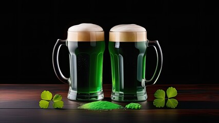Banner, St. Patrick's Day, concept. Two glasses of green Irish beer with foam stand on a wooden table side by side - green clover leaf decoration, on a black background, in the center,