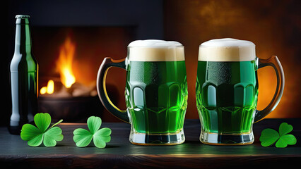 Banner, St. Patrick's Day, concept. Two glasses of green Irish beer with foam and a bottle of green beer stand on a wooden table, the table is decorated with clover leaves,