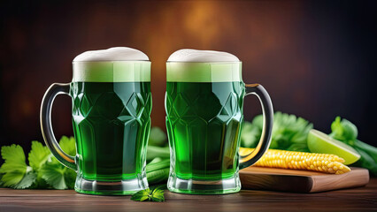 St. Patrick's Day, concept. Two glasses of green beer with foam stand on a wooden board on the table, next to there is a decoration of green mint and lime.