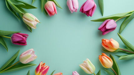 Colourful tulips on a plain background, copy space, woman's day banner, mother's day background