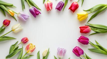 Colourful tulips on a plain background, copy space, woman's day banner, mother's day background