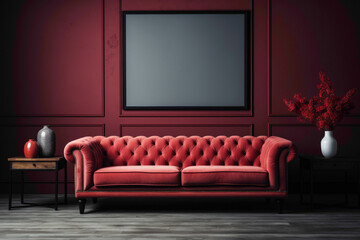 Envision a tranquil space featuring a red sofa and a suitable table, set against an empty blank frame, creating a perfect canvas for your text.