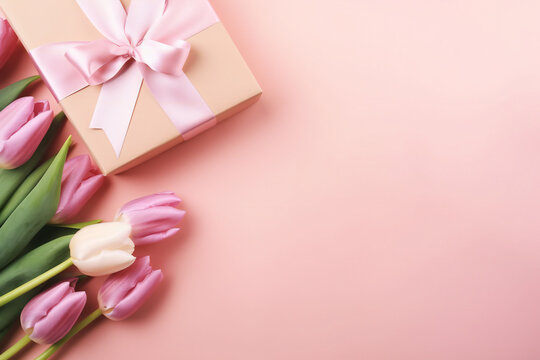 Mother's Day concept. Top view photo of stylish pink giftbox with ribbon bow and bouquet of tulips on isolated pastel pink background with copyspace Generative AI