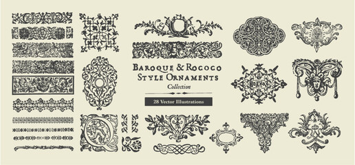 Assorted Collection of 28 Baroque and Rococo Style Ornaments: Intricate Black and White Designs for Elegant Embellishments and Decorative Crafts - obrazy, fototapety, plakaty
