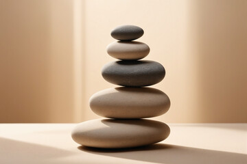 Fototapeta na wymiar Zen stone composition on a beige background with shadow and sunlight. Balanced stacks of stones evoke tranquility and meditative state