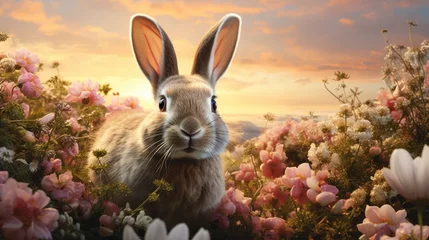 Cercles muraux Chambre denfants Rabbit in a spring blossom field. Cute rabbit in flower garden 