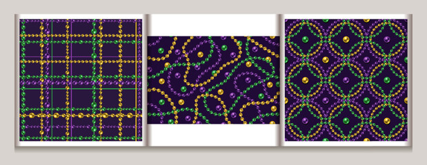 Mardi Gras seamless geometric pattern with intertwined overlapping bead strings, scattered beads, background. Vintage illustration for prints, clothing, holiday, surface design - obrazy, fototapety, plakaty