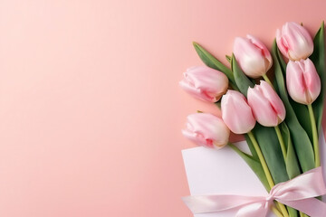 Flowers creative composition. Mother woman day. Bouquet of pink tulips flower on pastel pink background. mock up. top view, copy space. top. flat lay Generative AI