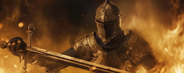 Knight in shining armor, raising a sword	 - obrazy, fototapety, plakaty