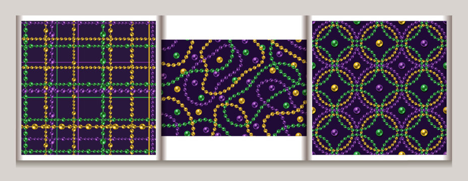 Mardi Gras seamless geometric pattern with intertwined overlapping bead strings, scattered beads, background. Vintage illustration for prints, clothing, holiday, surface design