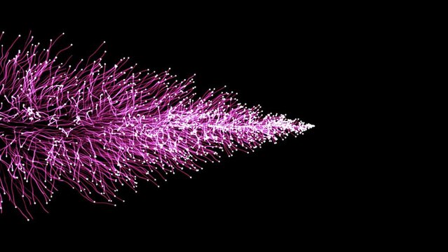 Abstract magic optical fiber particles trail growing in tree shape in purple color with glowing effect, concepts, ideas, 4k