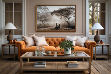 Fototapeta na wymiar Immerse yourself in comfort with a camel-colored sofa and matching table, creating a warm living space against an empty frame, awaiting your personal touch.