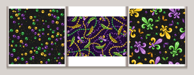 Set of seamless Mardi Gras patterns with random scattered beads, Fleur de Lis sign on black textured background. Vintage illustration for prints, clothing, holiday, surface design
