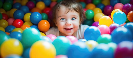 Fototapeta na wymiar Child in ball pit at play room or indoor playground for kids, like day care or preschool.